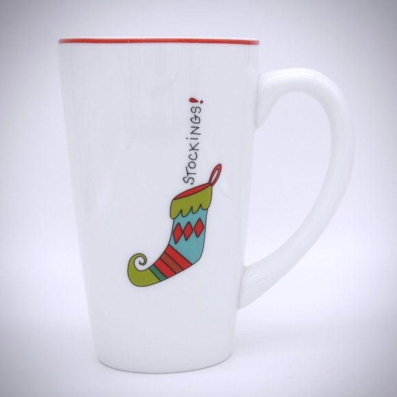 😎 Fitz & Floyd Gourmet Happy Holidays Tall Mug Latte Cup Stockings Handle 18 Oz - Picture 2 of 7